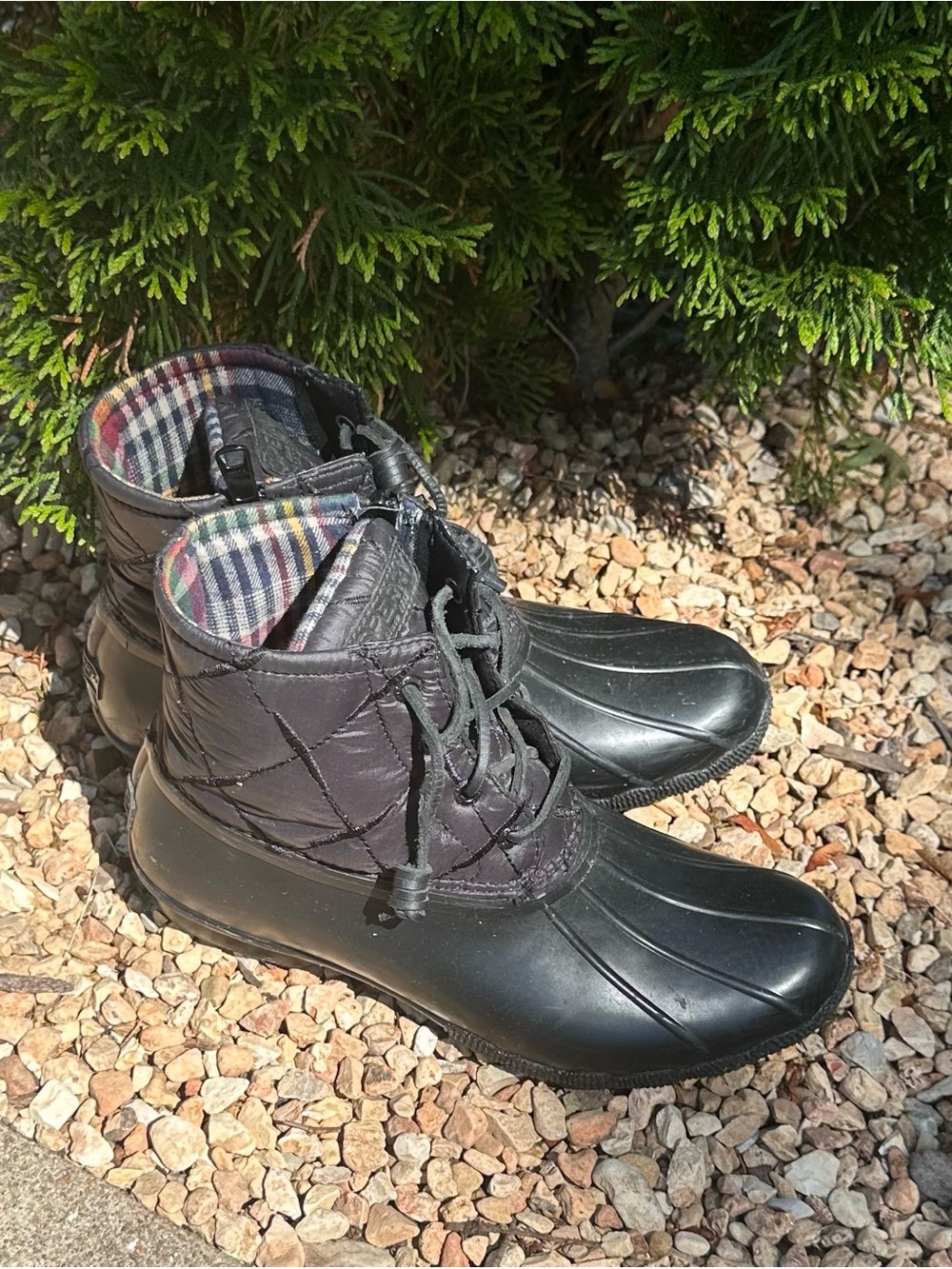 Sperry Black Quilted Duck Boots with Plaid Lining, Size 9